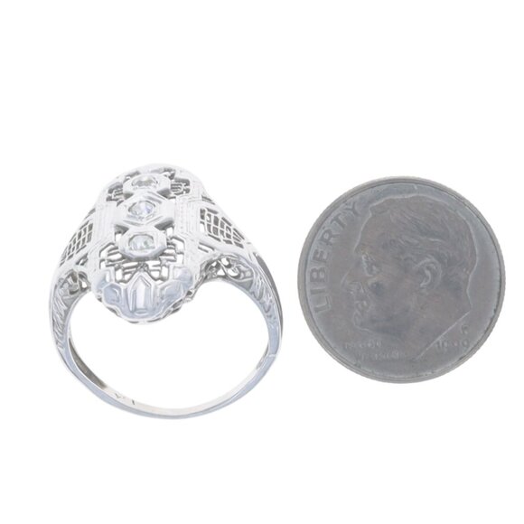 White Gold Diamond Art Deco Three-Stone Ring 18k Single .15ctw Vintage Filigree - Picture 5 of 6